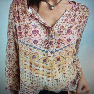 🌞Nine West Jeans Lucy India Ivory Floral Split V Neck Henley 3/4 Sleeve Blouse